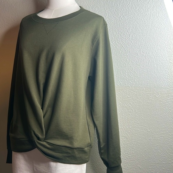 Michael Kors Olive | Army Green Twist Front Hem Pullover Lightweight‎ Sweatshirt - Picture 5 of 13